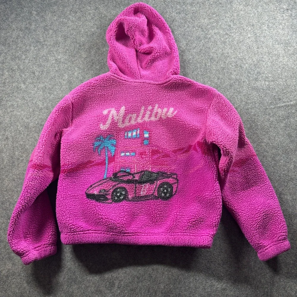 Barbie Sherpa Fleece Hoodie Kids Size 10/12 Pink Malibu Graphic Zip Up Jacket